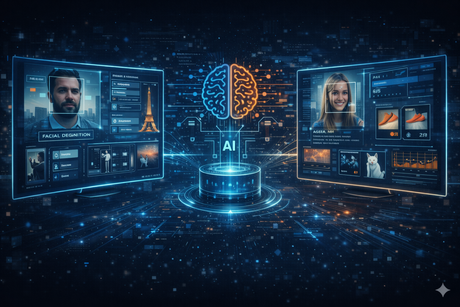 Futuristic rectangular illustration of AI analyzing photos using reverse image search with facial recognition, object detection, and data visualization overlays