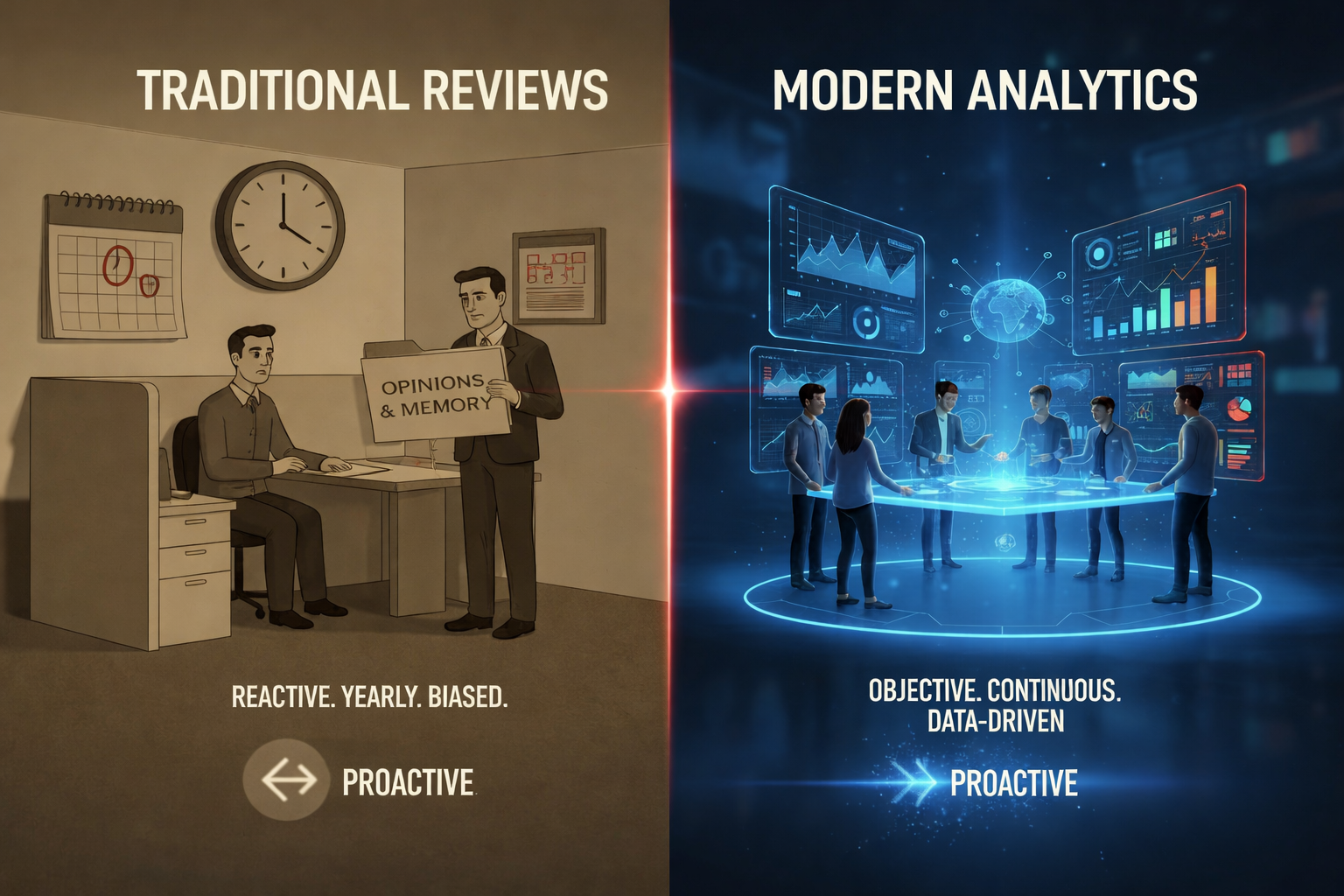 Comparison of traditional performance reviews and modern analytics showing subjective yearly evaluations versus data-driven KPIs and real-time performance insights
