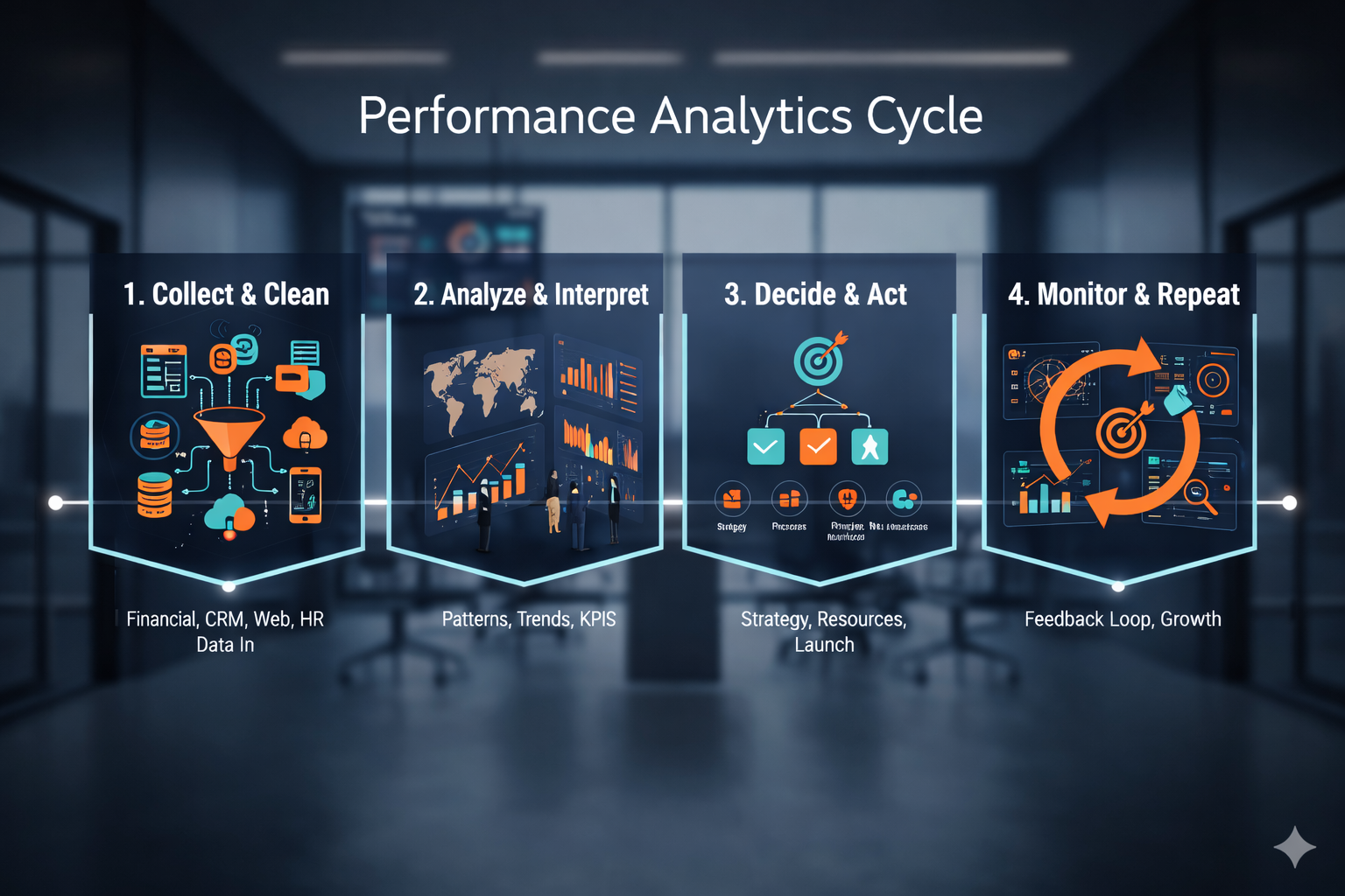 The performance analytics cycle—from data collection and KPI analysis to decision-making and continuous performance monitoring