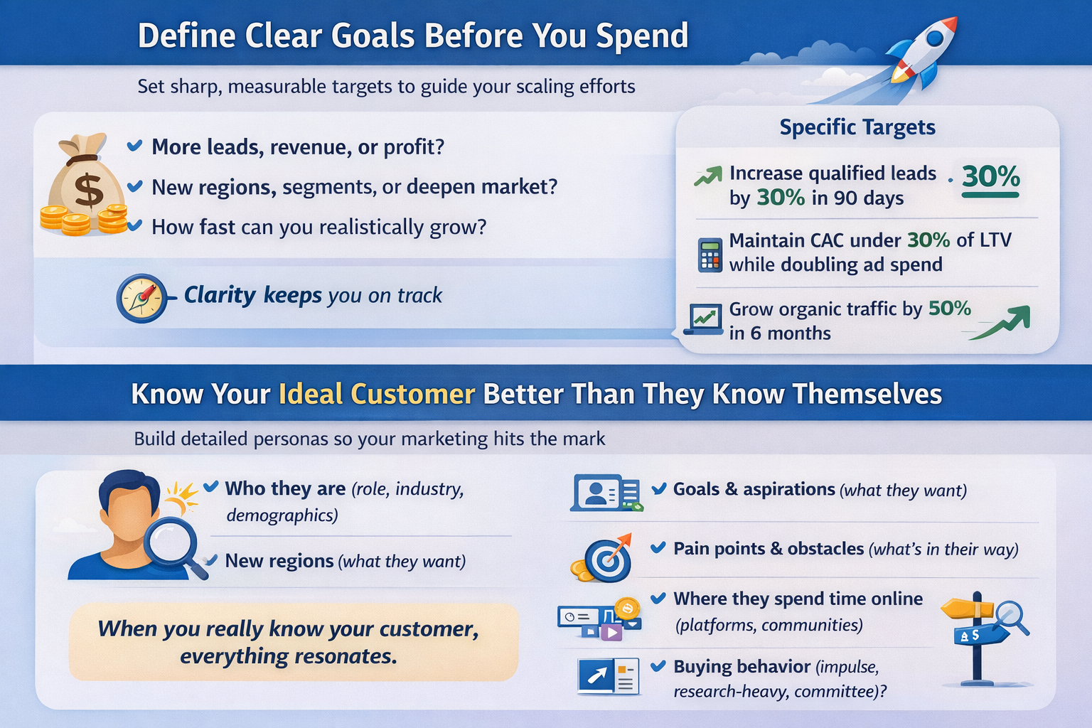 Define clear marketing goals and understand your ideal customer using a simple two-section marketing strategy infographic.