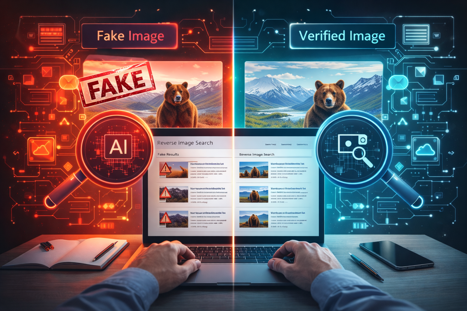 Split-screen illustration comparing a fake image and a verified image using reverse image search tools, with glowing AI elements highlighting digital investigation and fact-checking.