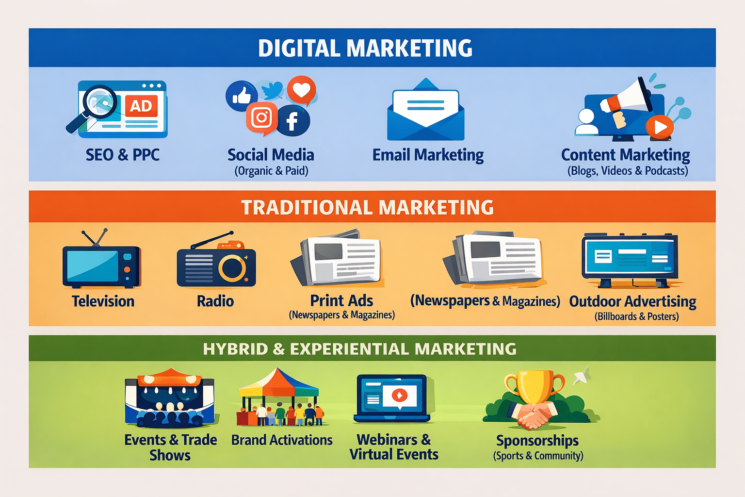 Infographic showing three main types of marketing mediums: Digital Marketing, Traditional Marketing, and Hybrid & Experiential Marketing, with icons representing channels like SEO, social media, TV, print, events, and sponsorships.