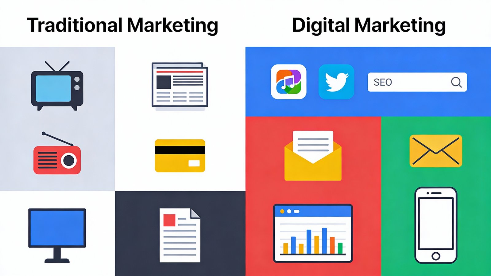 Traditional marketing tools like TV and newspapers compared with digital marketing tools such as social media, SEO, and email marketing